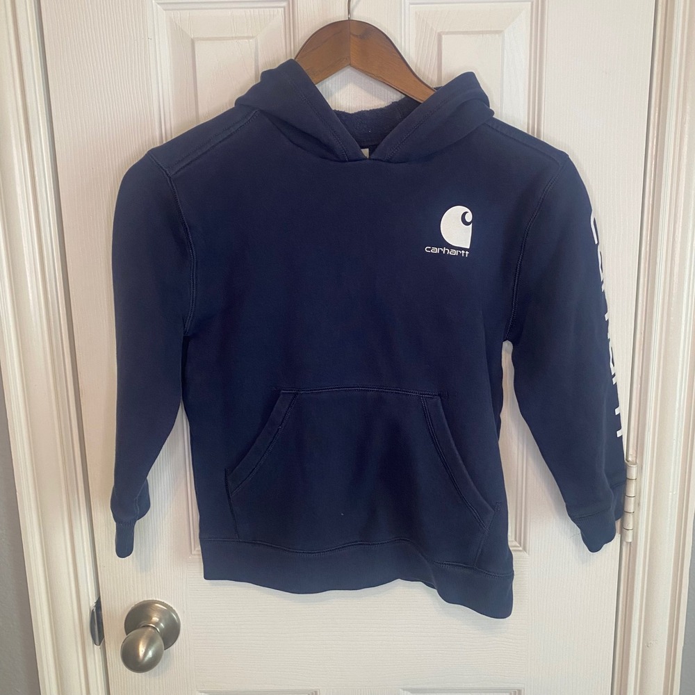 Carhartt Kids Navy Blue Sleeve Logo Pullover Hoodie Sweatshirt Size Small 8 10